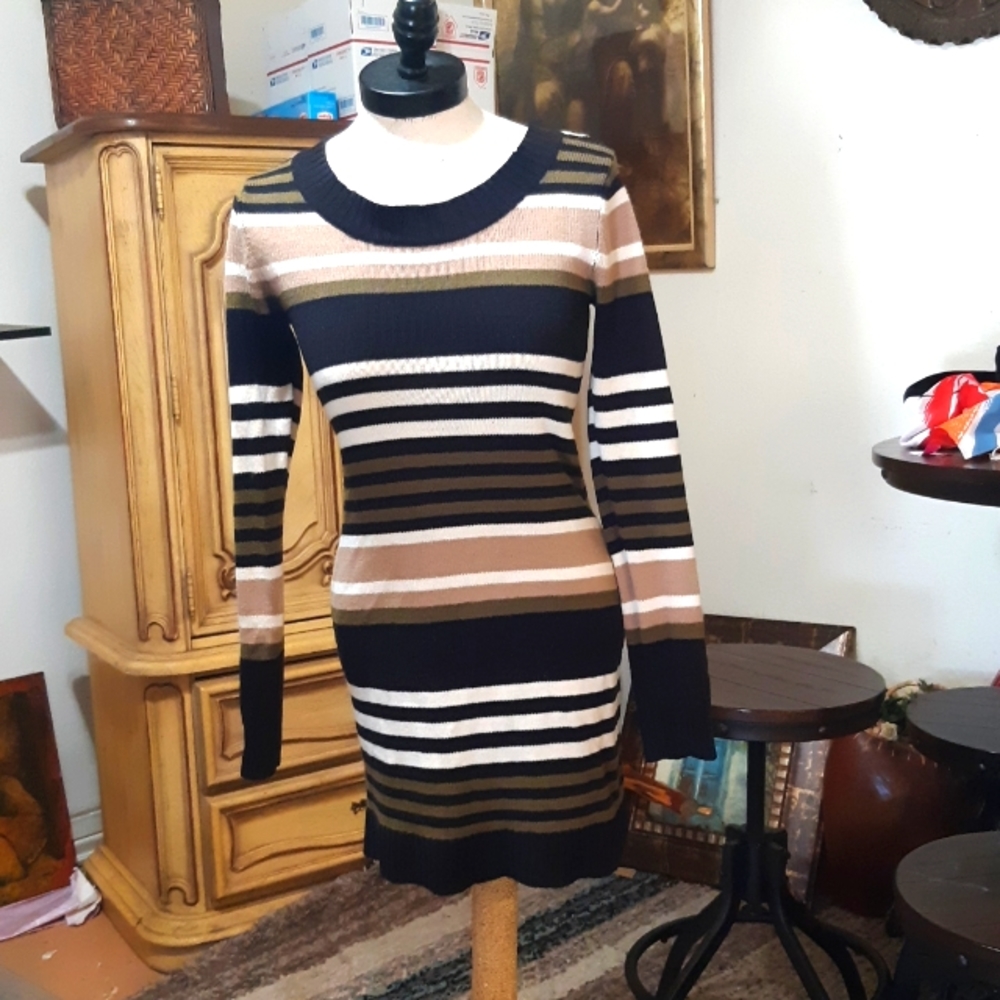 Womens Sweater Dress Stretch knit stripes sz Med long sleeve Derek Heart